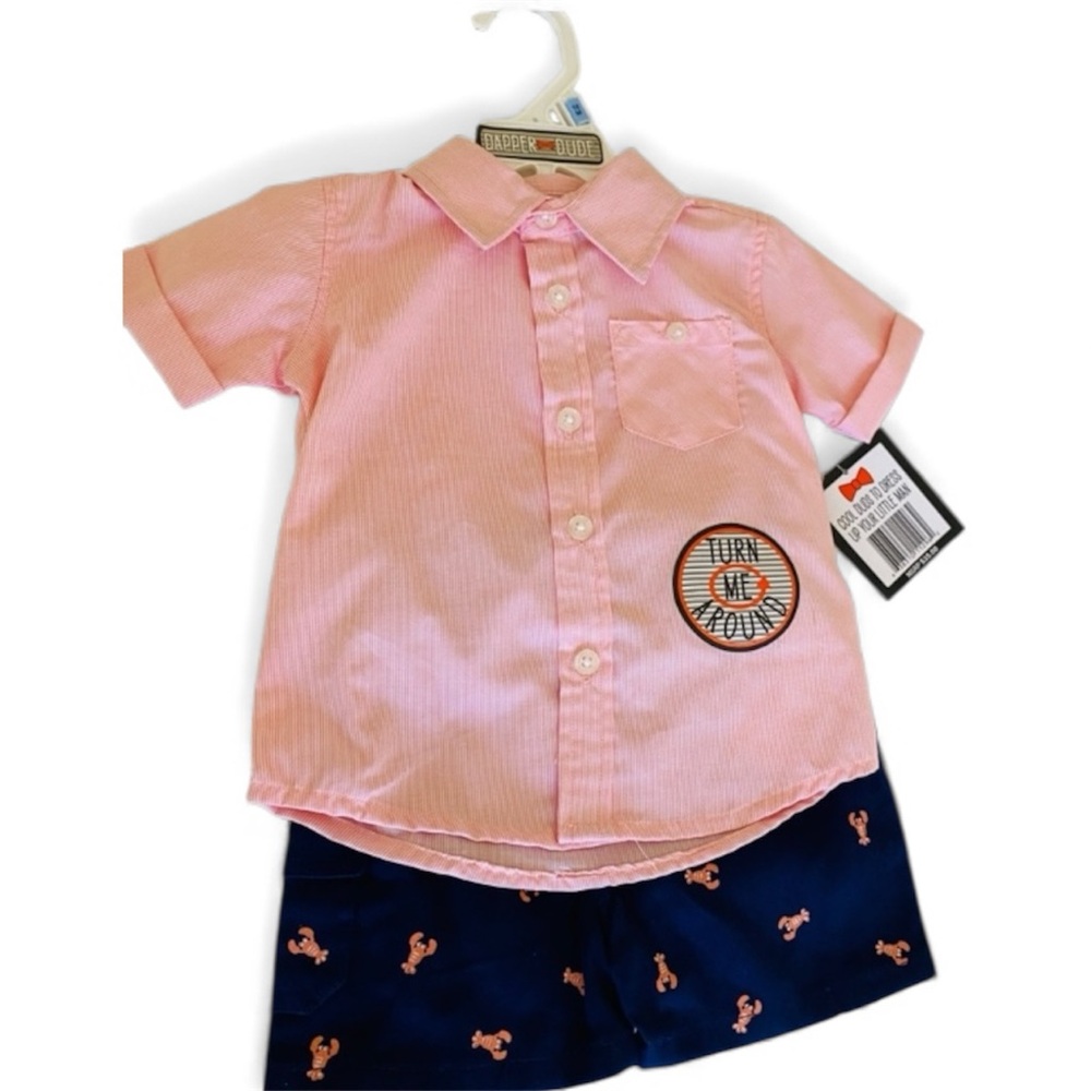 DAPPER DUDE SUSPENDER SHORT PANTS SHIRT SET 12 MONTHS PINK BLUE NWT EASTER